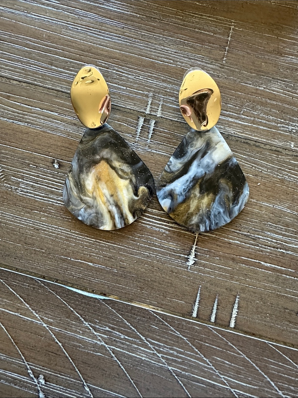Gold-Plated Black & White Marbled Drop Earrings